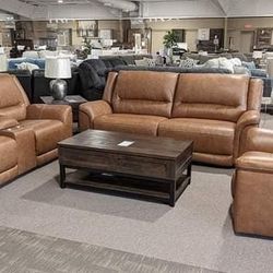Trasimeno Caramel Power Reclining Leather Sofa and Loveseat 