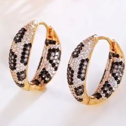 Leopard Pattern Micro Pave 18K Gold Plated Cubic Zirconia 22mm Champange Gold Hoop Earrings 
