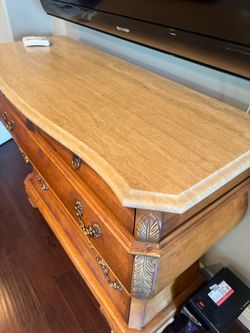 Highboy Wood Dresser + Antique Bedside Table with Marble Top and Brass Hardware
