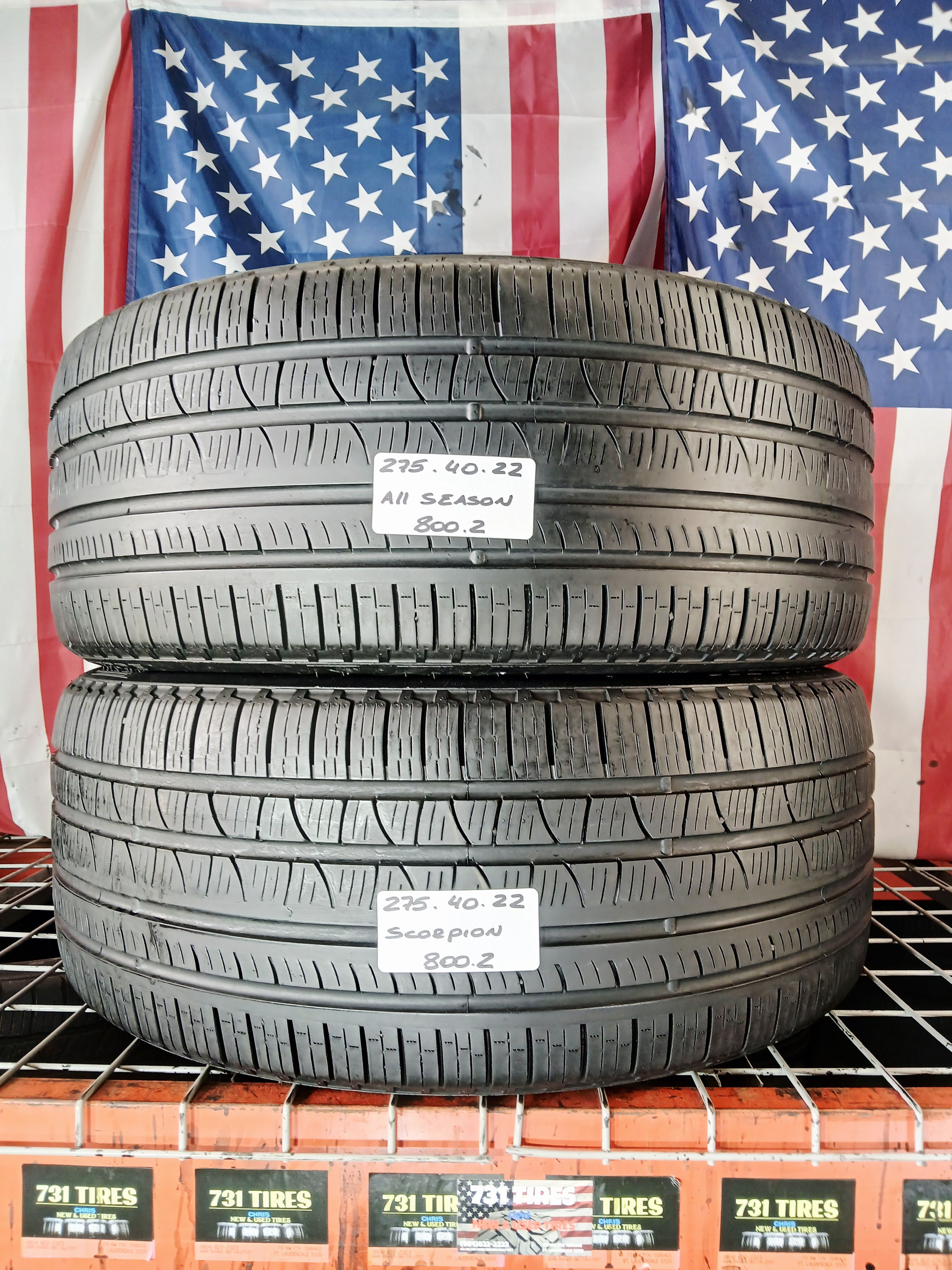 275/40R22 PIRELLI SCORPION VERDE ALL SEASON 275 40 22 OEM FACTORY REPLACEMENT USED TIRES ACURA ZDX AUDI RS Q8 BMW XB7 BMW iX X7 XM AVIATOR 275/40ZR22