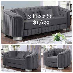 Grey Velvet 3 Piece Living Room Set Sofa Loveseat And Chair Brand New In Box Firm Price $1,699