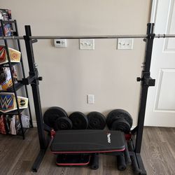 Complete Home Gym Setup – Bench, Squat Rack, Barbell + 100lb Plates – $350