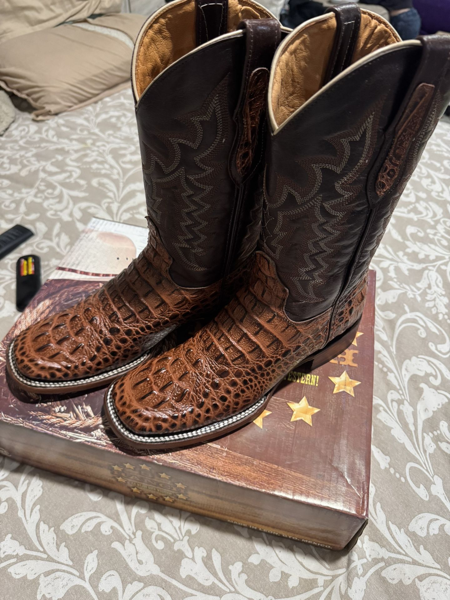 Cognac Caiman Horn Square Toe Boots