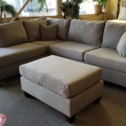 Brand New 104" x 75" Grey Linen Reversible Sectional + Ottoman