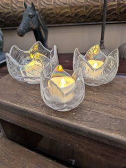 Iridescent Glass Lotus Leaf Votive Candle Holders - Set of 3 with Candles