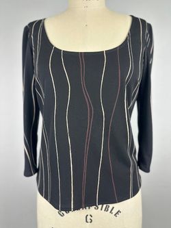 BCBGMaxAzria Y2K Blouse Black Wavy Stripe Scoop Neck 3/4 Sleeve Womens Medium