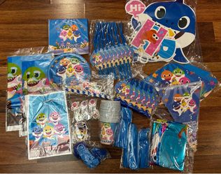 Baby shark blue birthday party supplies.