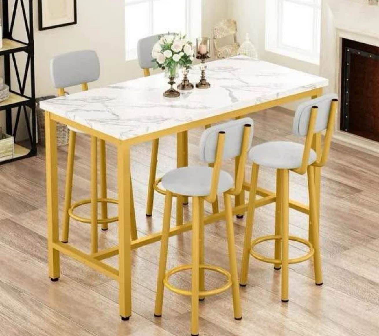 43.3” Dining Table Set for 4, Rectangle Bar Table with 4 PU Leather Backrest Stools, Pub Dining Room Table Set for Kitchen, Bar, B