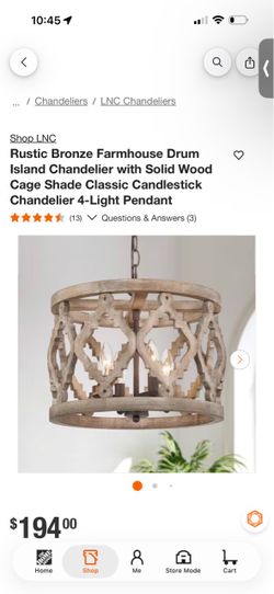 LNC Rustic Bronze Farmhouse Drum Island Chandelier with Solid Wood Cage Shade Classic Candlestick Chandelier 4-Light Pendant