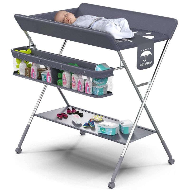 Baby Portable Changing Table - Foldable Changing Table with Wheels - Portable Diaper Changing Station - Adjustable Height Baby Changing Table-Safety *