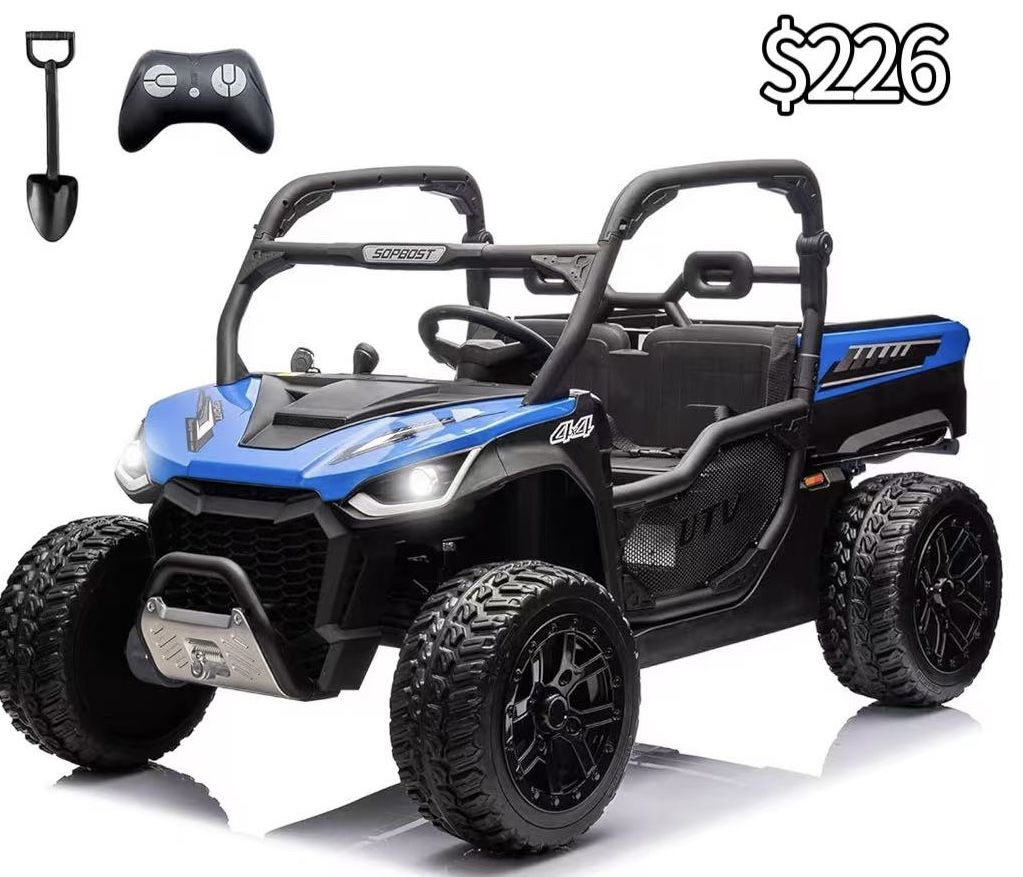 😀 sopbost 24V 10Ah 2 Seater Ride On Car with Remote Control Battery Powered Ride On Toy Electric 4x4 Kids UTV with Large Dump Bed, 4x75W Motors, Blue