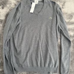 New Grey Lacoste V Neck Sweater