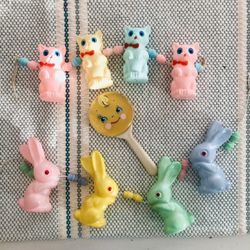 Vintage Celluloid Baby Rattles/crib Toy’s, Cats / kittens And Bunnies / bunny