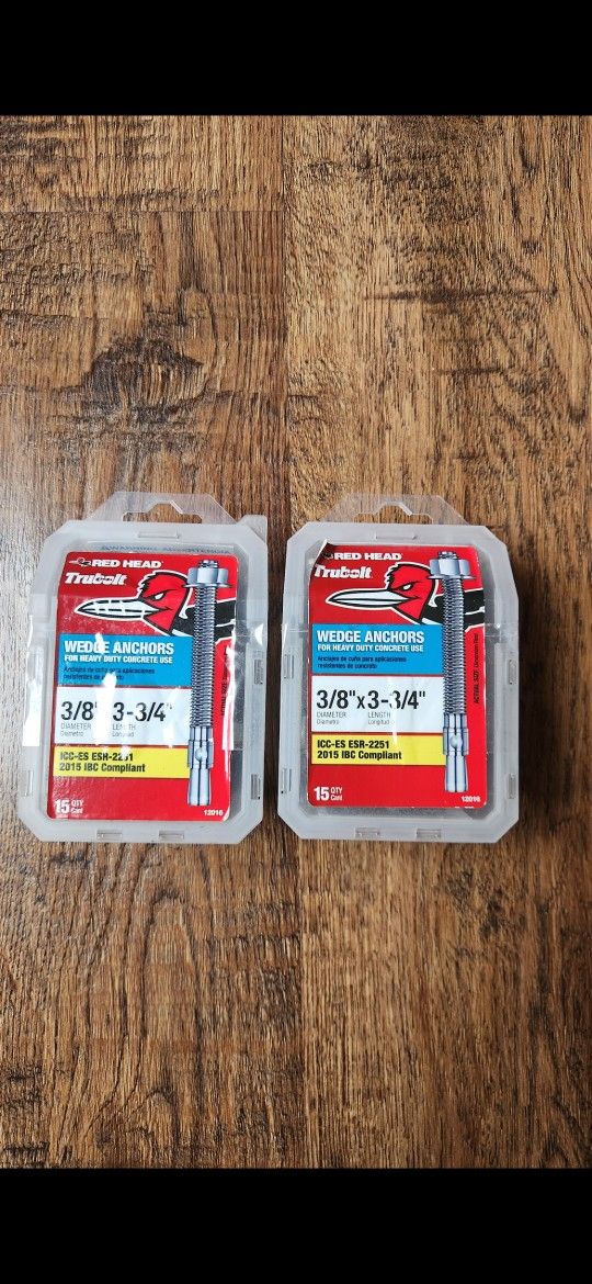Brand New
Red Head Trubolt 3/8-in x 3-3/4-in Wedge Anchors 15-Pack. $10 each box. Available 2 Boxes.