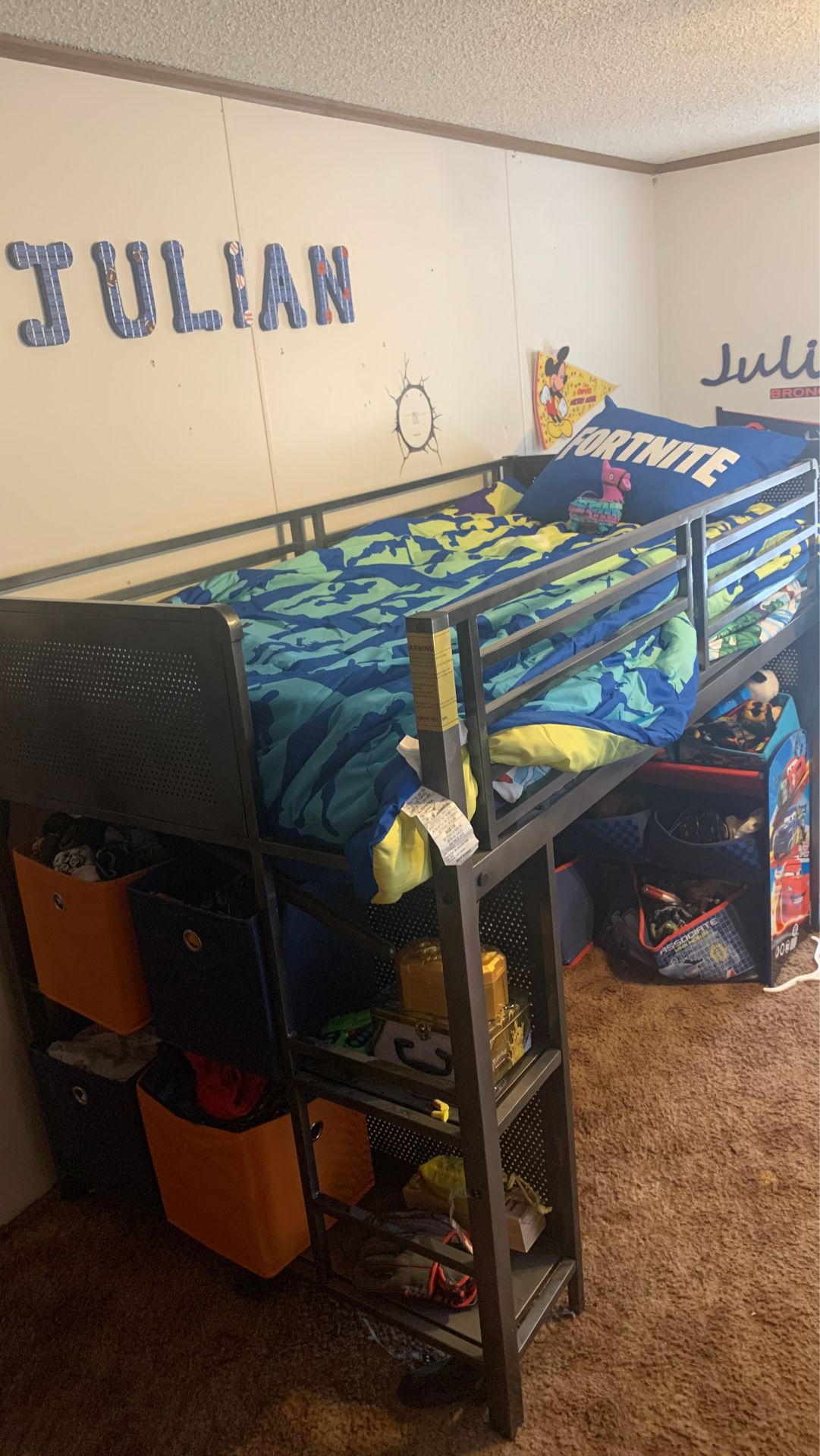 Twin bed frame with shelves on side