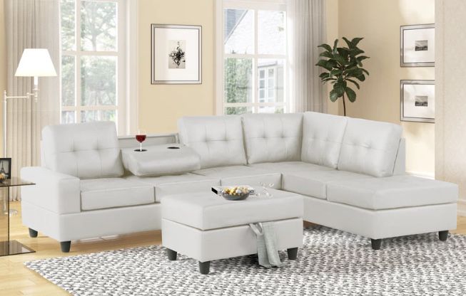 Heights White Faux Leather Reversible Sectional with Storage Ottoman ( Couch Sofa Loveseat Options 