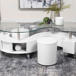 🌟Curved Glass Top Coffee Table With Stools White High Gloss