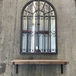 Iron Window Mirror and Wood Shelf