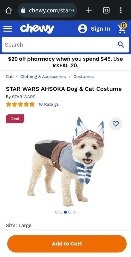 Disney Star Wars Ashoka Dog Costume Dress Cosplay NEW Size XL