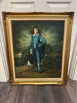 Hand-Painted 25x29 Blue Boy Reproduction w/ Ornate Gold Frame