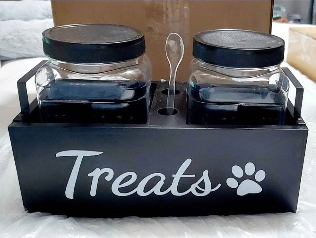 NEW! Dog Treat Container Food Storage w/ 2 Plastic Treat Containers, Black wood w/ metal handles (10x5x4)
