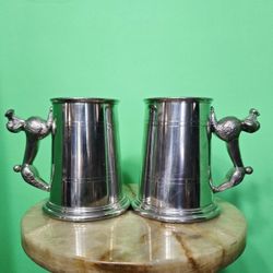 2 Vintage Sheffield Pewter Beer Tankard Novelty Puddle Handle 