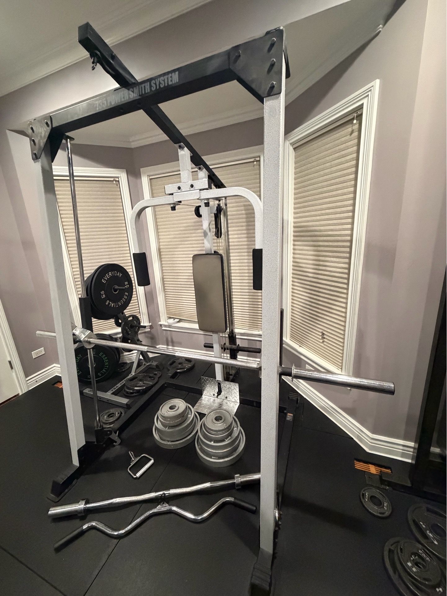 Exercise smith machine with adjustable bench and weights