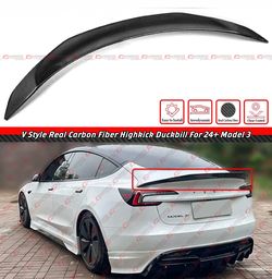 24-26 Tesla Model 3 Highland V Style Caron Fiber High Kick Trunk Spoiler