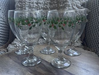 Vtg Libbey Holiday Holly Berry Stemmed Water Goblets Iced Tea Glasses Set 5