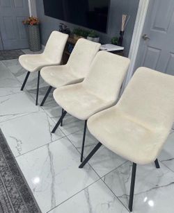Elegant Set of 4 Light Beige Upholstered Dining Chairs with Metal Legs