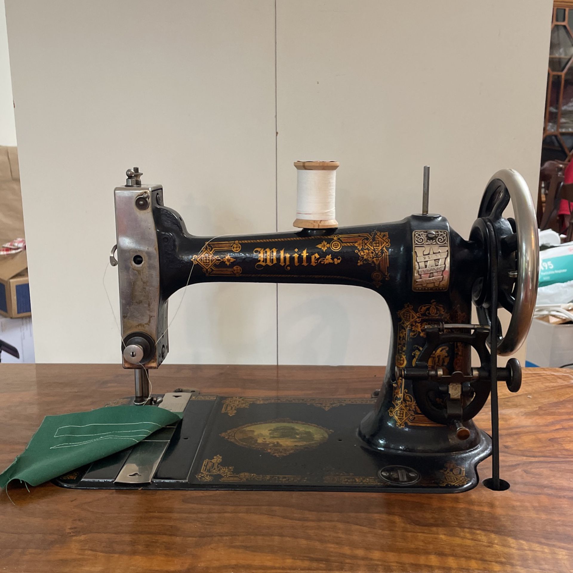 Antique Sewing Machine In Wooden Cabinet