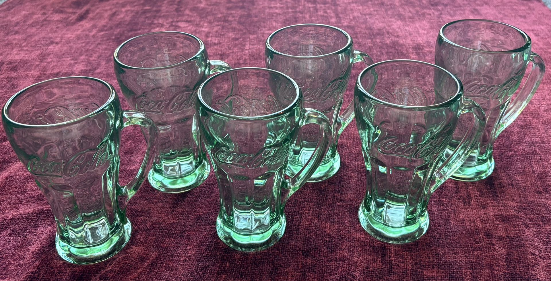 Set of 6 Vtg Libbey Coca-Cola Coke Mugs Heavy Green Glasses w Handle 14oz 6.25"