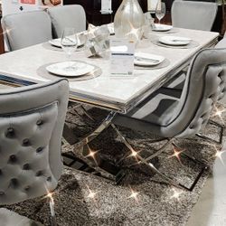 7 Piece Dining Set Grey Velvet Tufted Chairs Faux Marble And Chrome Rectangular Table Firm Price $2,500 Financing Available