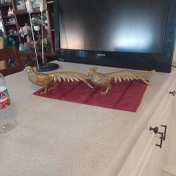 VINTAGE MID CENTURY PAIR SOLID BRASS PHEASANT MALE AND FEMALE