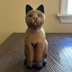 Vtg MCM Hand Carved Wood Sitting Cat Figurine Statue Boho Folk Art Decor 8.5"