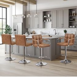 Bart Stools Set of 4, PU Leather Adjustable Barstools with Armrest, Counter Height Stool Chairs with Thickened Seat Cushion for Kitchen Island