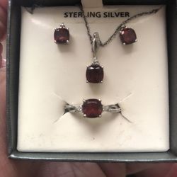 Garnet Diamond Sterling Silver Set