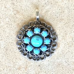 🦋 Pretty, faux turquoise bead and silver tone metal floral geometric design pendant reworked from vintage jewelry