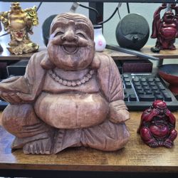 Large Hand Carved Wooden Laughing Buddha Statue