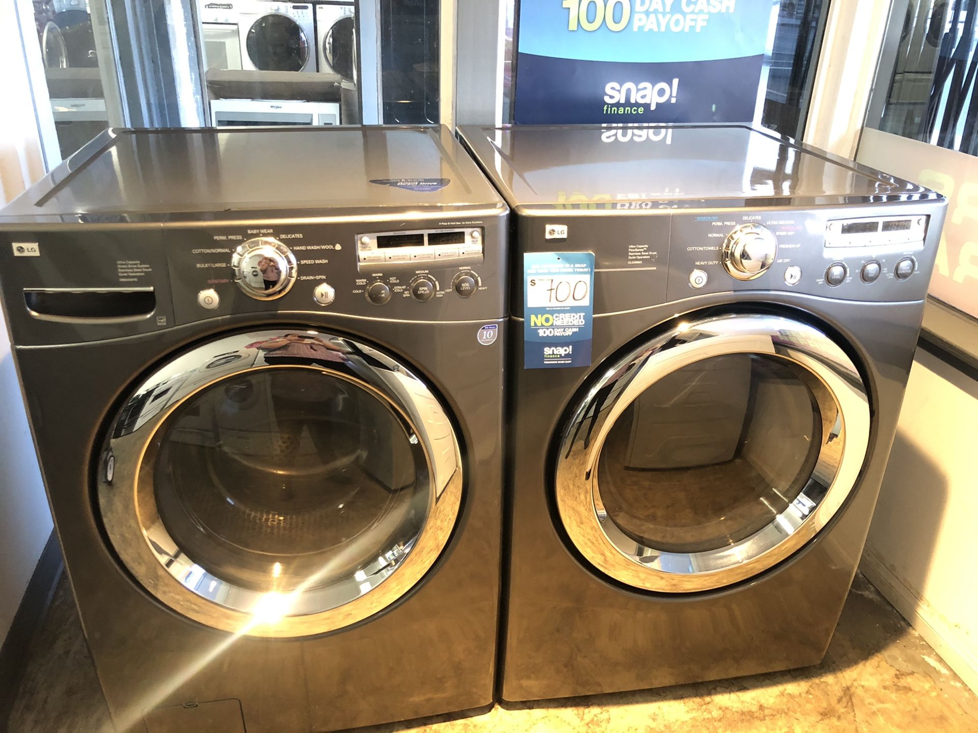 LG FRONT LOAD WASHER AND GAS DRYER SET IN GRAY COLOR