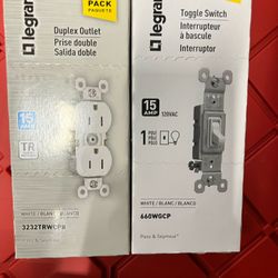 Legrand 3232TRWCP8 Pass & Seymour Grounded Duplex Outlet, 15-Amp 125-Volt , White, 10-Pk. And 10 PK Toggle Switches  