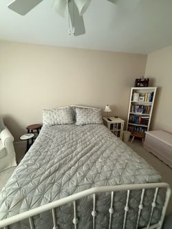 Bedroom set - 7 pieces, off-white/ shell color (includes chair, full-sized bed frame (with mattress and box spring), Target tall bookshelf/ nightstand