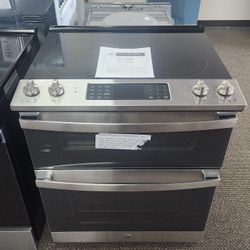 30 in. 5 Burner Element Slide-In Double Oven Electric Range in Stainless Steel with True Convection