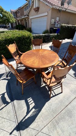 Dining Table Set – Solid Wood – 6 Chairs + Leaf Extension