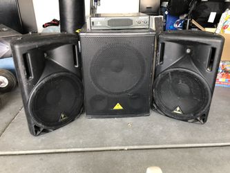 DJ equipment: Speakers, sub, amp plus tripods(2) and cables.