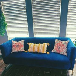 Beautiful Blue Velvet Couch With Good Accent Legs 