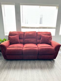 Red Fabric Reclining Sofa with Throw Pillows