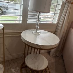 White Marble Look Side Table Gold Base with Lamp