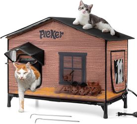 Heated Cat House for Outside: 31.5" XXL 100% Waterproof & Insulated Outdoor Cat House for Winter, Weatherproof Elevated Feral Cat Shelter with Heating