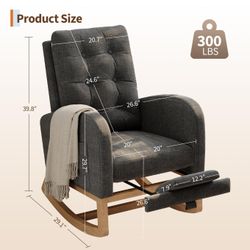 Modern Rocking Chair Comfortable Recliner with Side Pocket Soft Linen Upholstered Hardwood Frame Nursery Lounge Bedroom